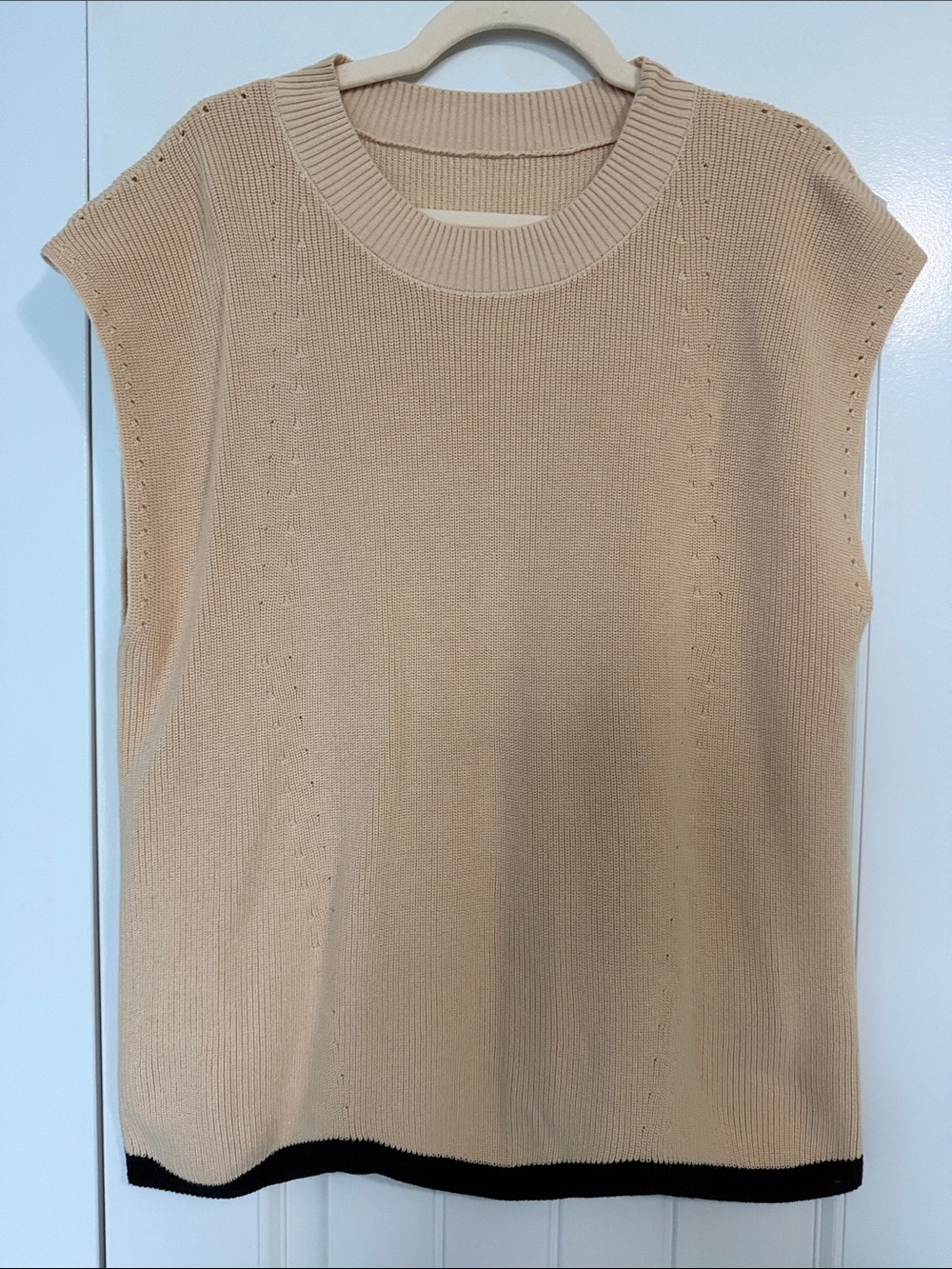 Neutral Beige Knit Sleeveless Sweater Vest with Black Trim